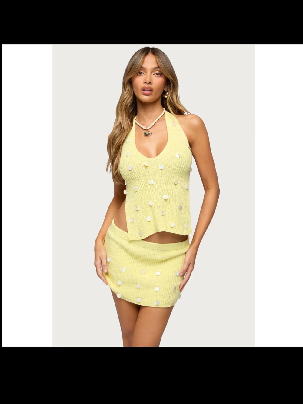 Edikted Lylah Yellow Knit Halter Top & Mini Skirt Set
